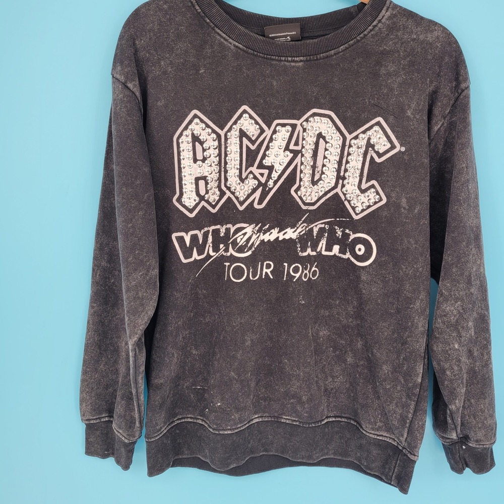 Vtg Style AC/DC Who Made Who 1986 Tour Sweatshirt Acid Wash Rhinestone Studded L
